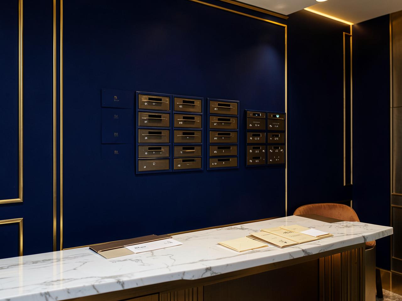 Blueprint Spa concierge desk with mail slots and gold accents